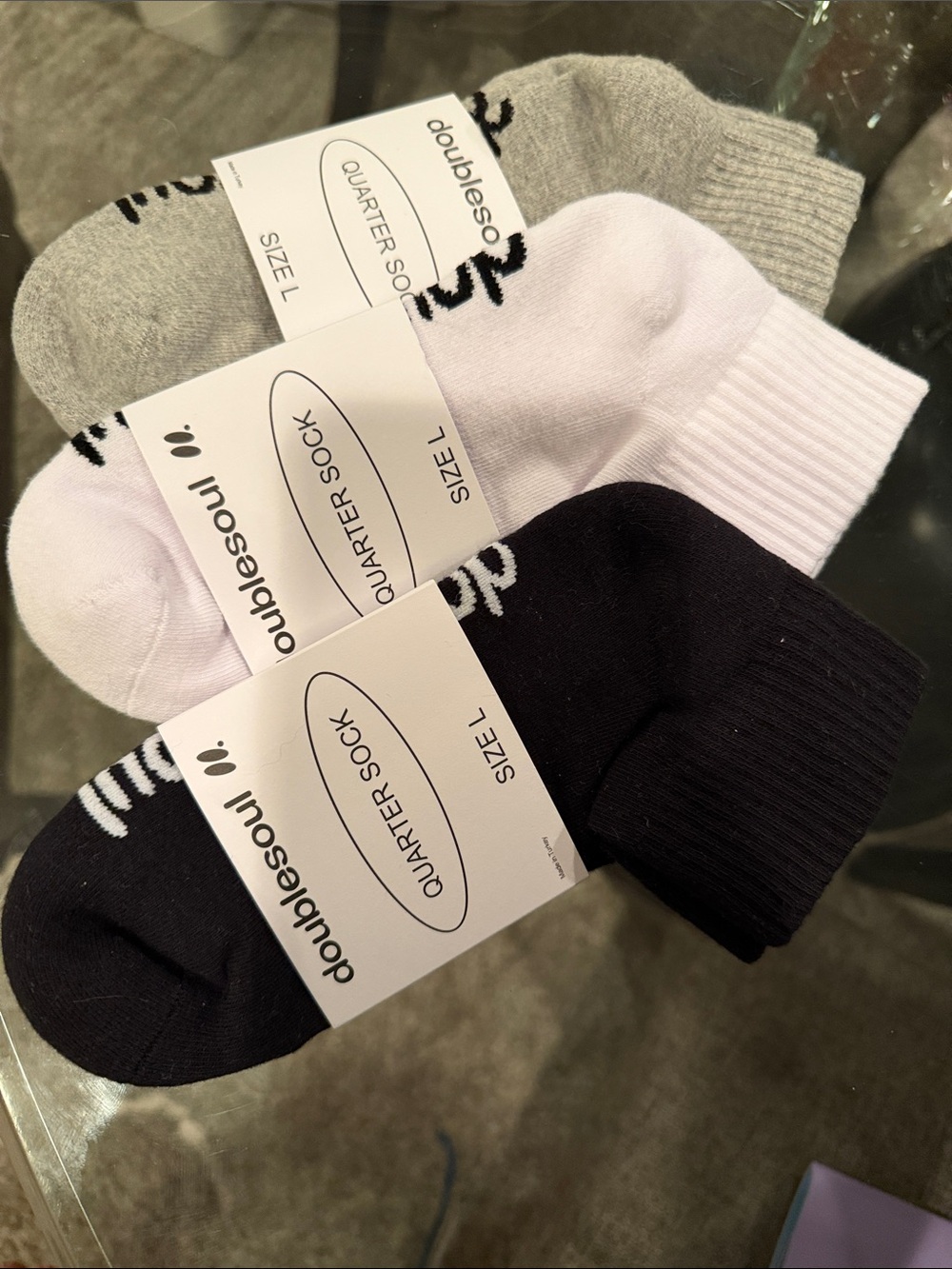 DOUBLESOUL L/XL  Quarter Socks - 3 Pack (Black, White, Gray)